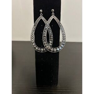 Silver Tone Hematite Crystal Pave Teardrop Hoop Drop Earrings Womens